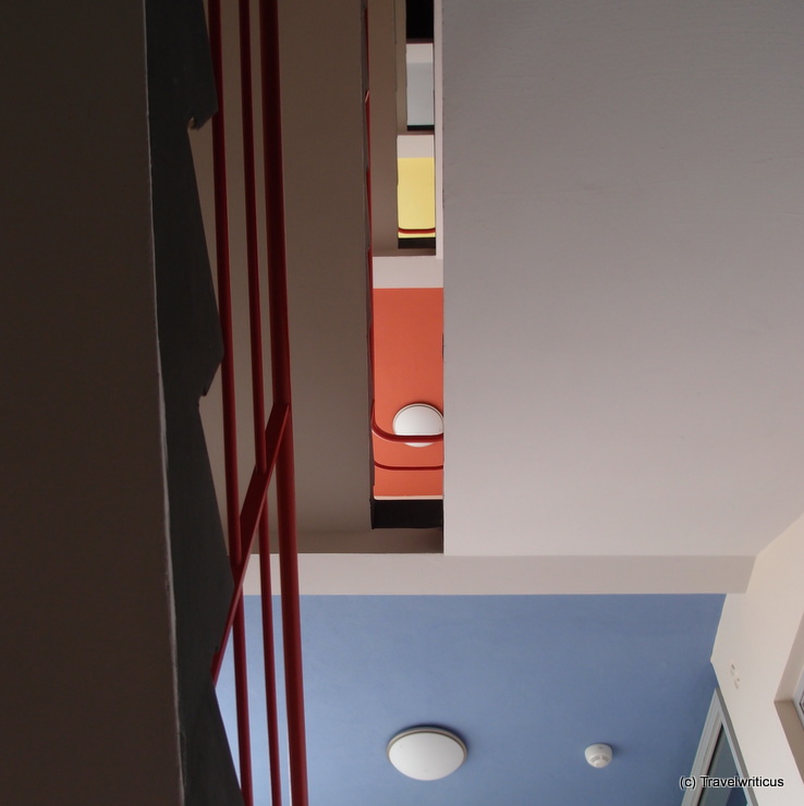 The colourful stairwell of the Bauhaus building