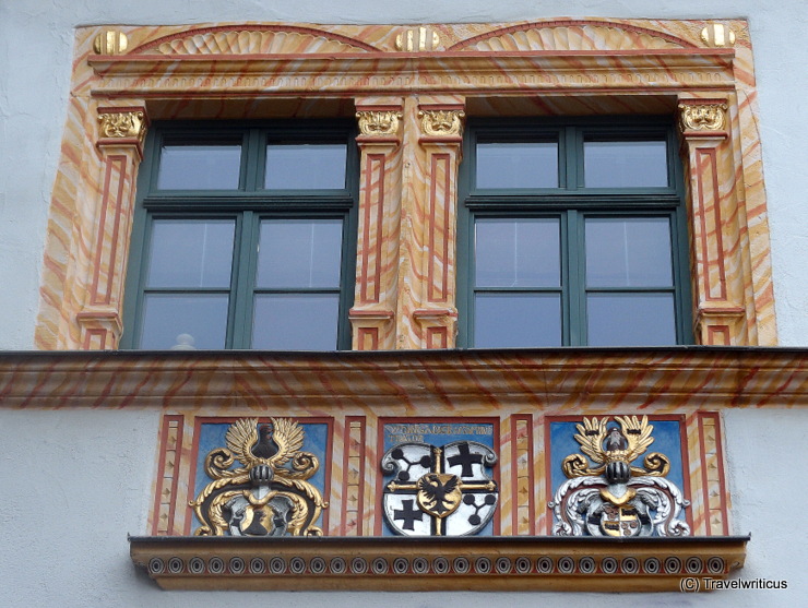 Renaissance windows and coat of arms at the 16th century Comthurhof in Erfurt