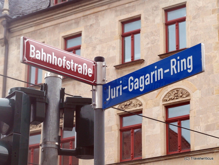 Red and blue street signs in Erfurt, Germany