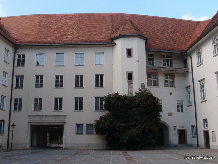 Outside the twin spiral stairs of Graz, Austria