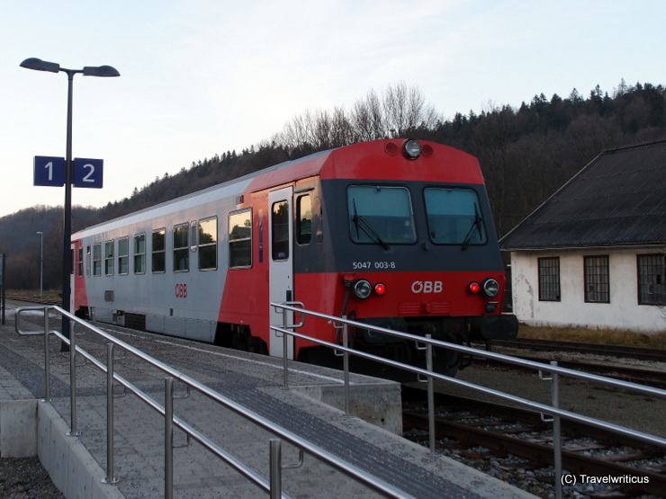 Diesel railcar ÖBB 5047 at the railway station of Hainfeld, Austria