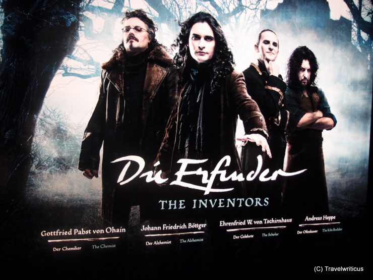 The inventors of porcelain features as faked film poster at Leuchtenburg Castle in Thuringia, Germany