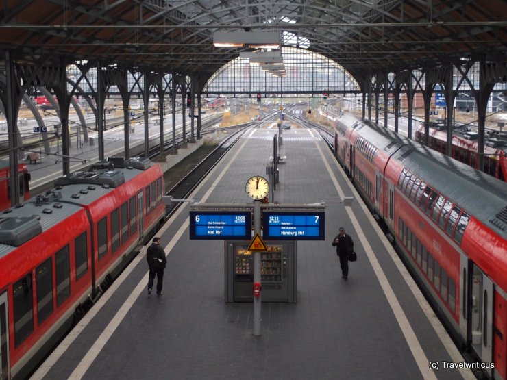 Platform hall of the main railway station in Lübeck, Germany