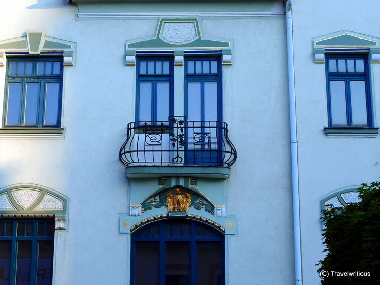 Detail of an art nouveau building (Houste to the Blue Grape) in Mariazell, Austria