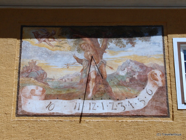 Sundial at the court of Millstatt Abbey showing Saint Sebastian