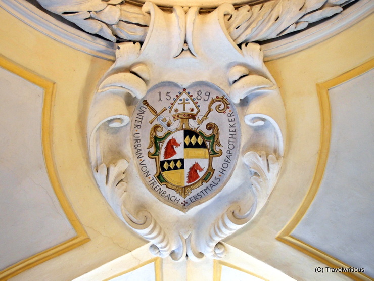 Emblem at the ceiling of the former court pharmacy in Passau, Germany