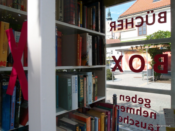 Public library in a former phone box in Poysdorf, Austria