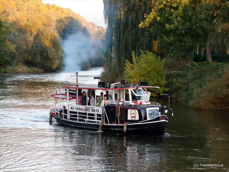 Cruise vessel 'Fröhliche Dörte' (1888) on the river Unstrut in Saxony-Anhalt, GermanyCruise vessel 'Fröhliche Dörte' (1888) on the river Unstrut in Saxony-Anhalt, Germany