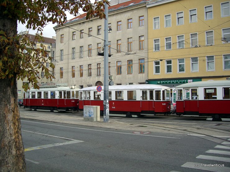 Three trams in a tram-train in Vienna, Austria